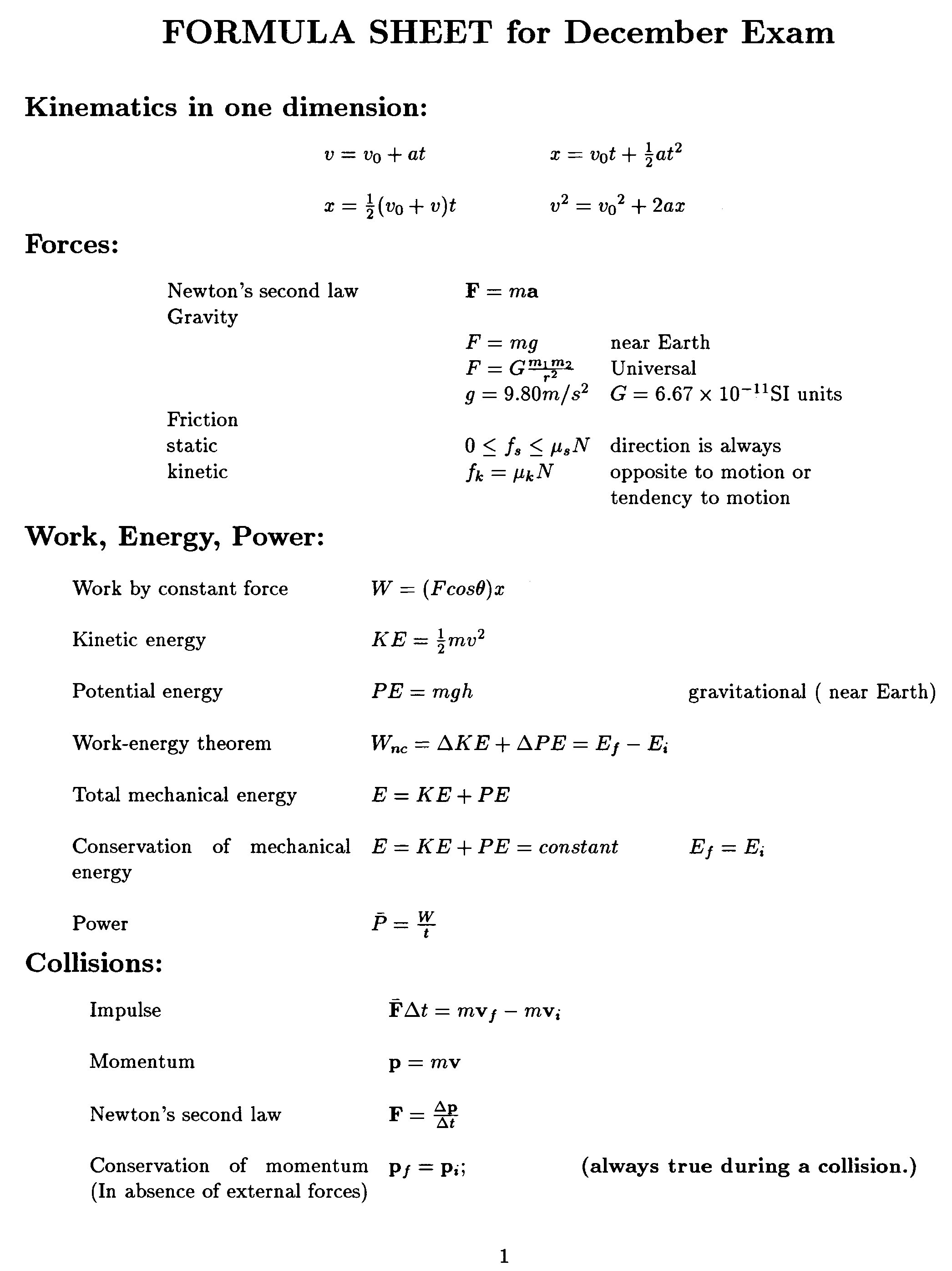 Formula Sheet #1